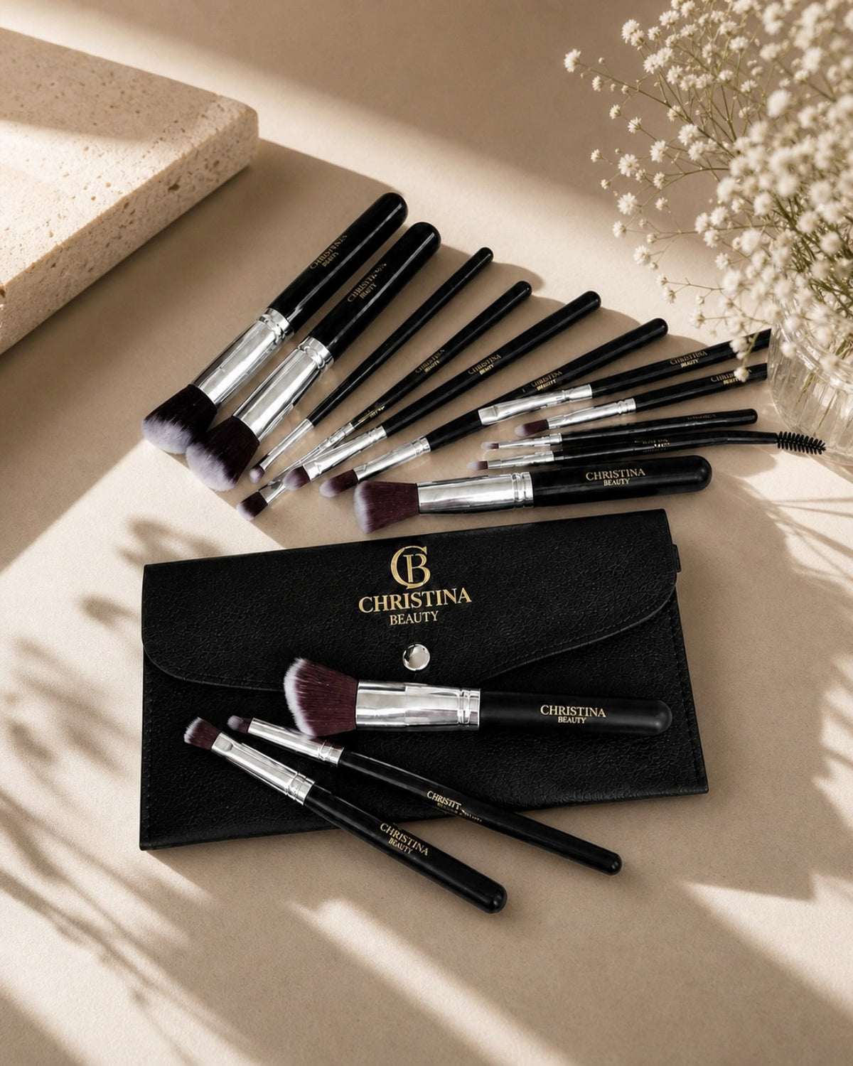 14-Piece Professional Makeup Brush Set with black storage pouch