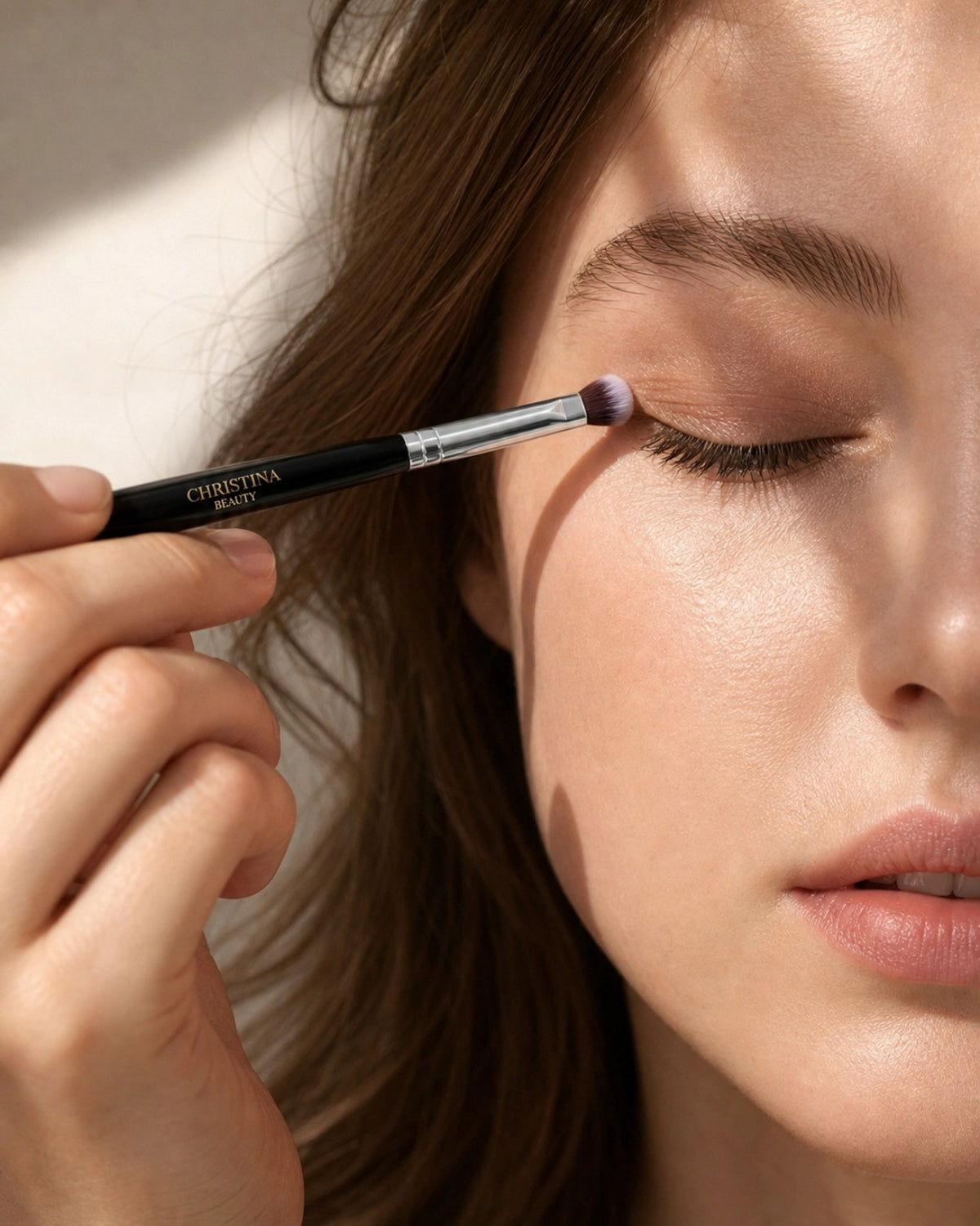 Eye brush application from professional makeup brush set
